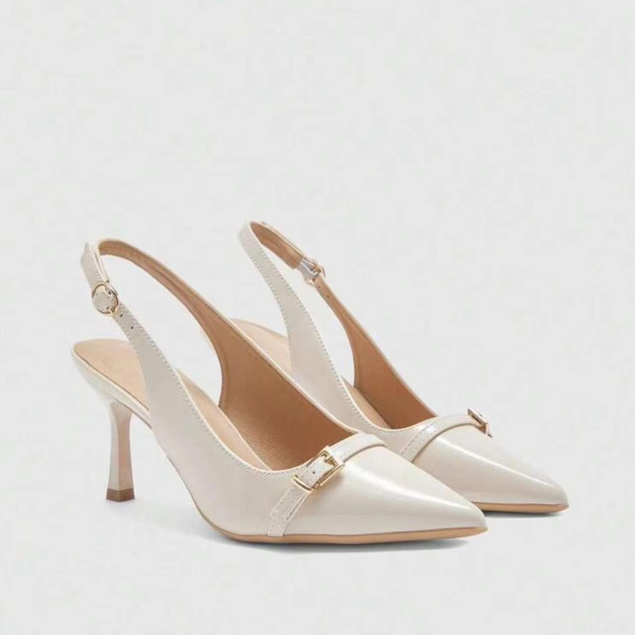 

Classic Ankle Strap Sandals Woman Slides Casual Thin High Heels Shoes Women Solid Slip on Pointed Toe Summer Sandals Plus Size 36 бежевый