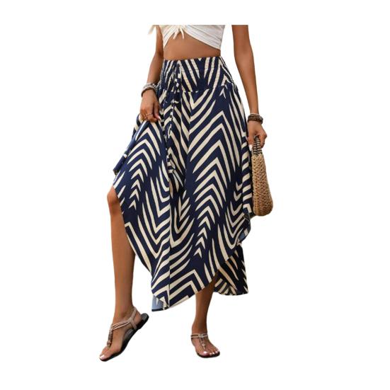 Boho Skirt Elastic High Waist A-Line Skirt Boho Adjustable Lace-up Retro Printed Loose Fit Slimming Skirt