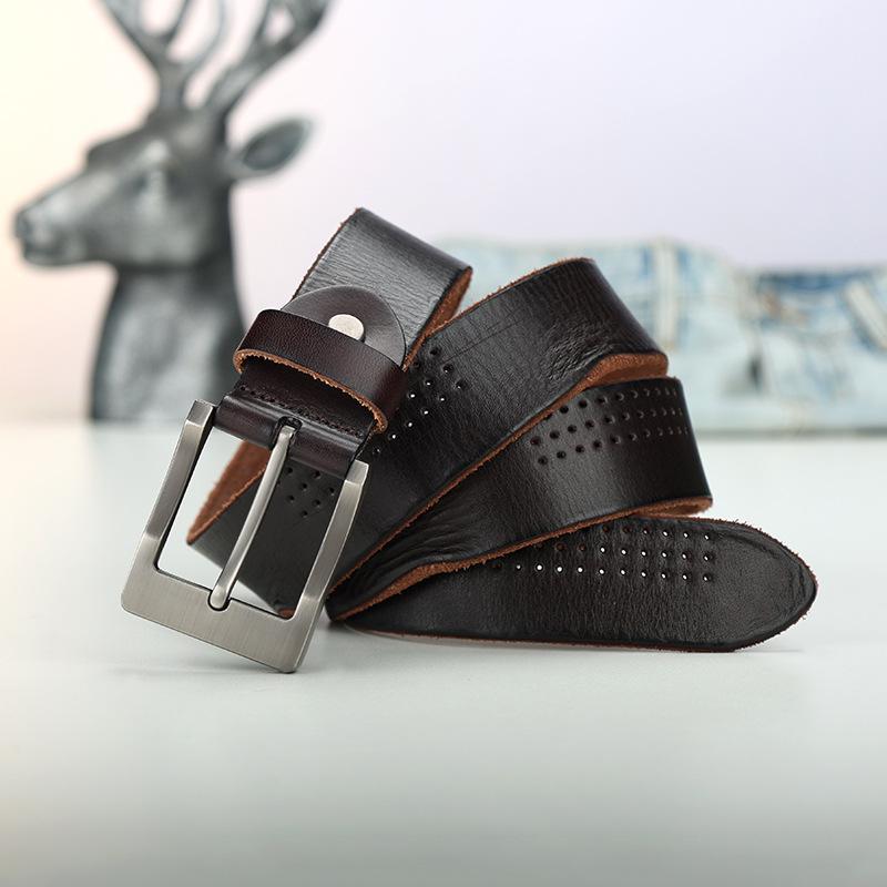 

Ремень мужской кожаный с пряжкой-пином из первого слоя кожи, модный, состаренный, повседневный, легкий, с индивидуальностью, мужской трендовый ремень 130cm темно-коричневого