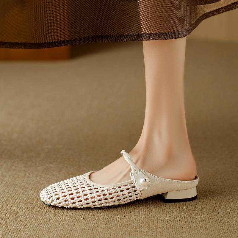 Krazing Pot Microfiber Mules Weaving Summer Size 41 Low Heels Pearl-studded Party Shoes Women Square Toe Gladiator Hollow Out Pumps