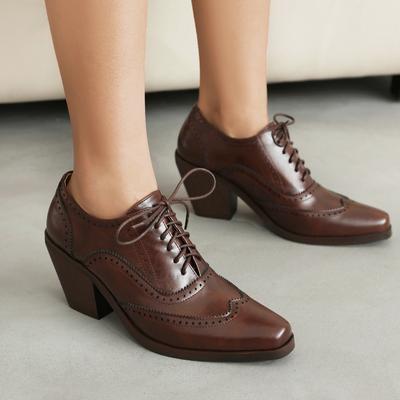 New Spring Autumn Women Brogue Wedge Derby Pumps PU Leather Square High Heels Sewing Lace Up Elegant 7cm Ladies Oxford Shoes 45