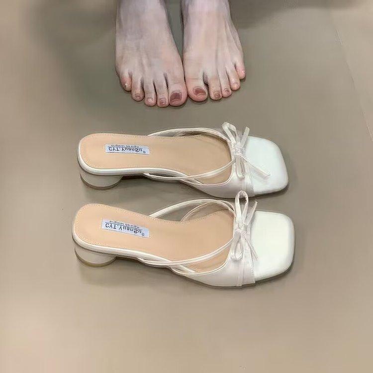 

Soft leather version~ Gentle wind-cool slippers 2025 new French temperament elegant thick heel one-word drag cool slippers women 40 абрикосовый