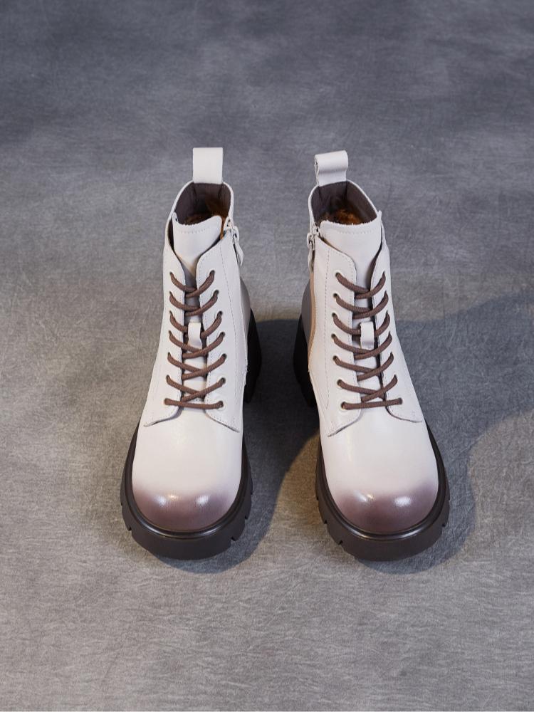 Johnature Genuine Leather Wool Short Boots Warm Snow Boots Thick Heel Thick Soled Women's Boots