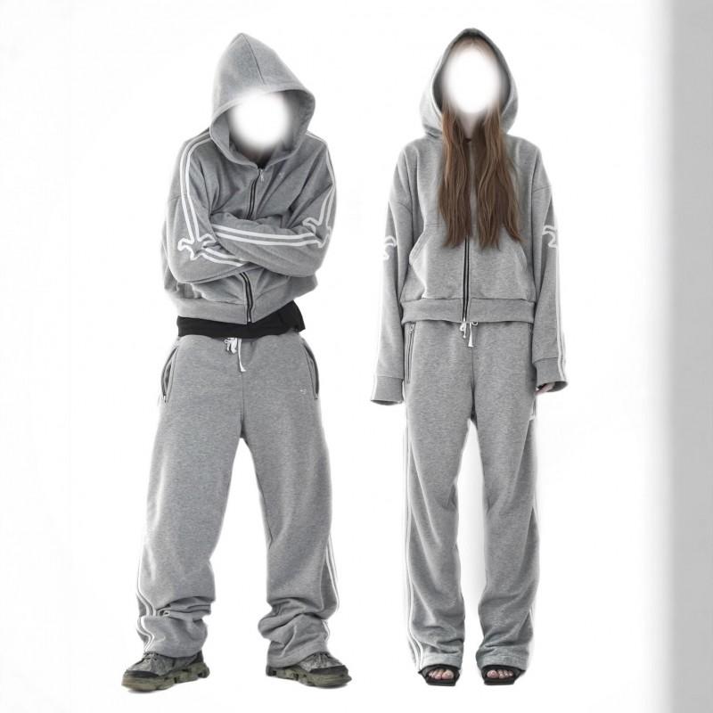 Gothic Ins Style Printed Zip Up Hoodie Sweatshirt Pants Set Loose Fit Streetwear Teens Youth