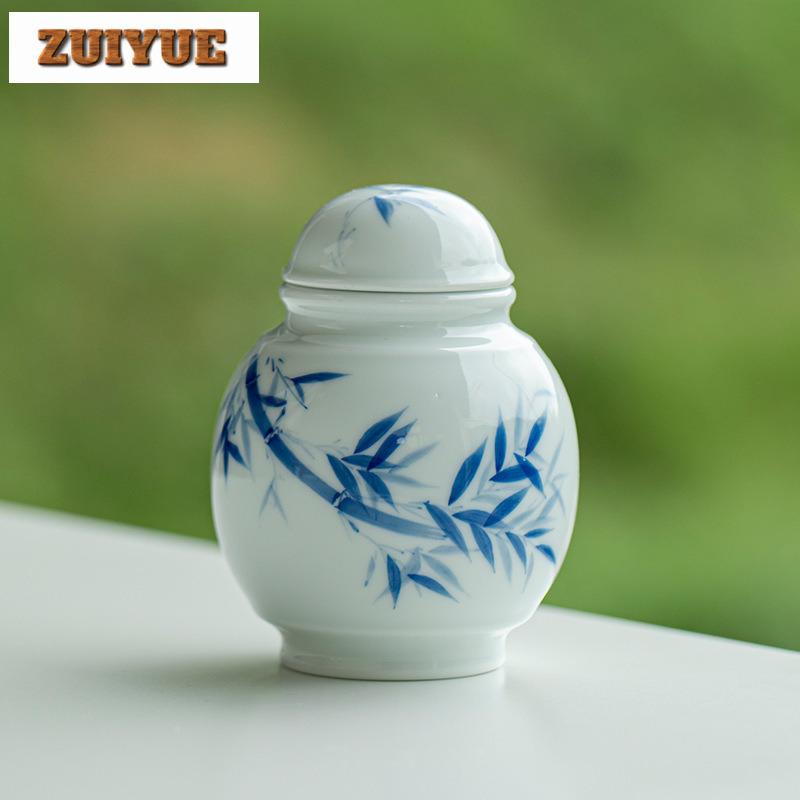 Hand-painted Bamboo Blue And White Tea Box Organizer Moisture-proof Elegant Storage Tank Containers Tea Caddy Tea Collection