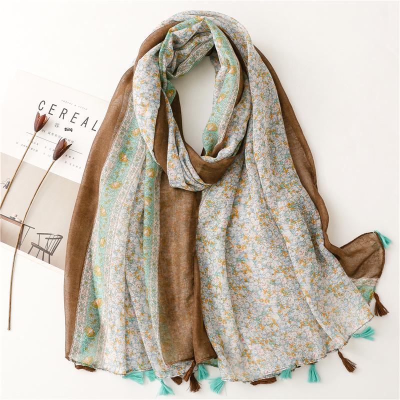 "Bali Yarn Cotton-Linen Scarf: Fresh Solid Color, Fruit Green & Bright Yellow Leaf Print with Tassel Detail"
