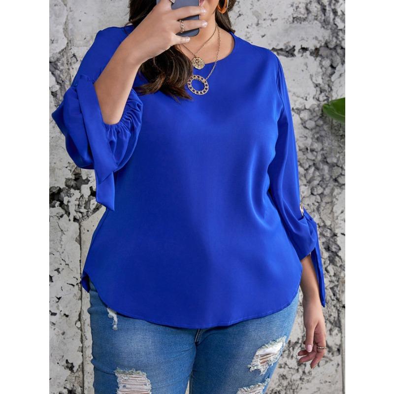 Plus Size Women S Lantern Sleeve Tie Shirt Loose Commute Top