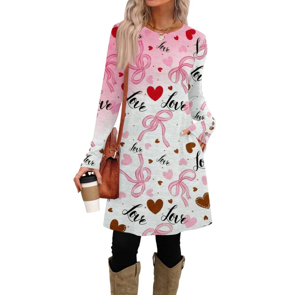 Women's fashion casual pocket decorative button dress round neck long sleeve printed dress