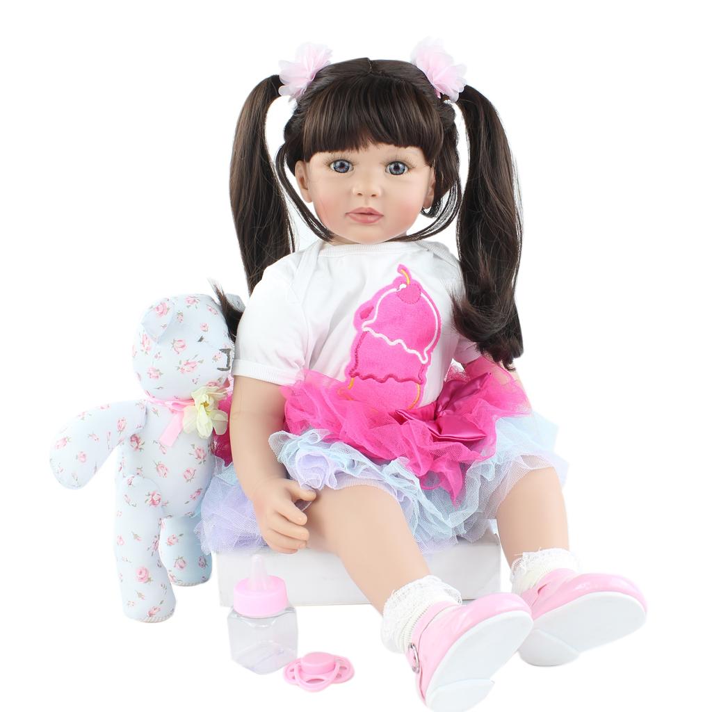 BZDOLL 60cm Silicone Reborn Baby Doll Toy For Girl 24 Inch Long Hair Princess Toddler With Bear Dress Up Play House Bebe Birthday Gift