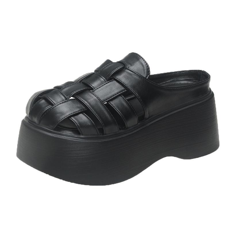 

Мода 8 см Женские кожаные сандалии Новая женская обувь Женские туфли-лодочки Женские шлепанцы с перекрестными ремешками Обувь на платформе Каблуки Слипоны Круглый носок Шлепанцы 34