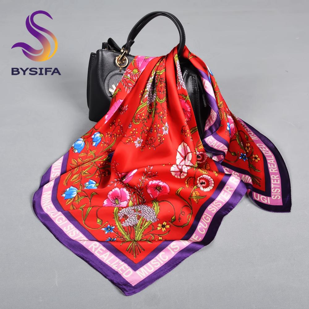 BYSIFA New Orange Coffee Silk Scarf Hijab Fashion Elegant Floral Square Scarves Foulard Spring Fall Lady Head Scarf Accessories
