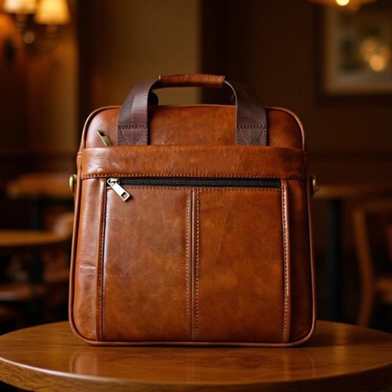 Men's Genuine Leather Vertical Briefcase: Simple Top Layer Cowhide Shoulder & Crossbody Document Bag.