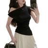 Pure Desire Style Spice Girl Sexy Slanted Shoulder Short-sleeved T-shirt Niche Fashion Design Sense Unique Irregular Top Ins