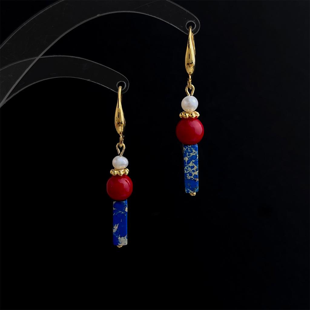 Boucles d'oreilles faites main rouge et bleu en pierres et perles - Style ethnique rétro