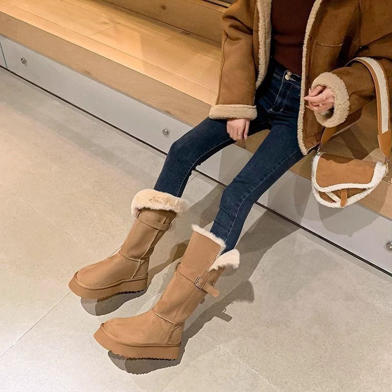 Women's fur integrated thick bottom heightening winter lightweight padded warm snow boots non-slip wear casual sports long cotton boots