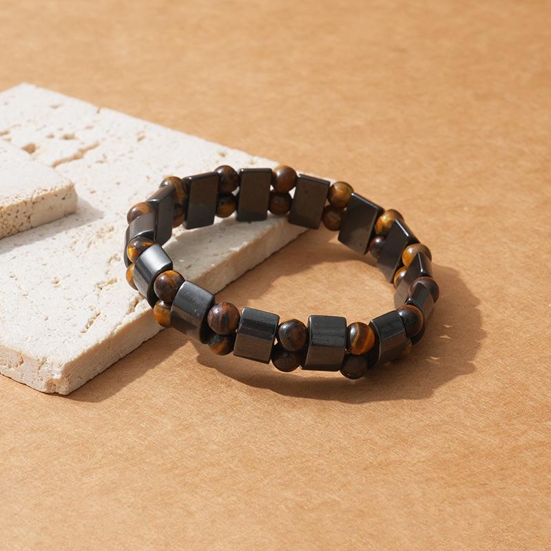 Double-Row Black Hematite & Tiger's Eye Bead Crescent Bracelet for Men