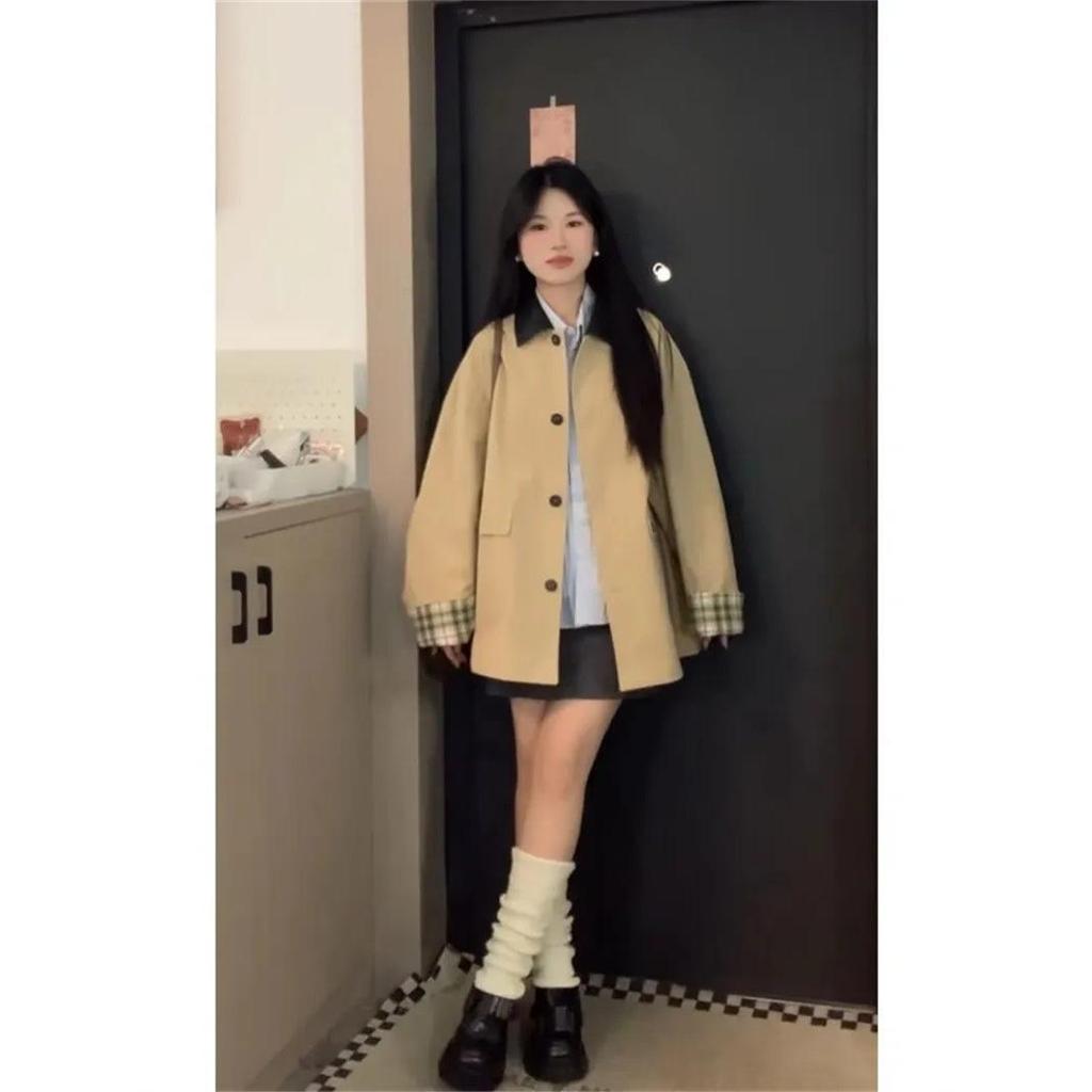 Petite Women's Mid-Length Earth Yellow Windbreaker, Spring/Autumn 2025, Korean-Style with Japanese/British Influences