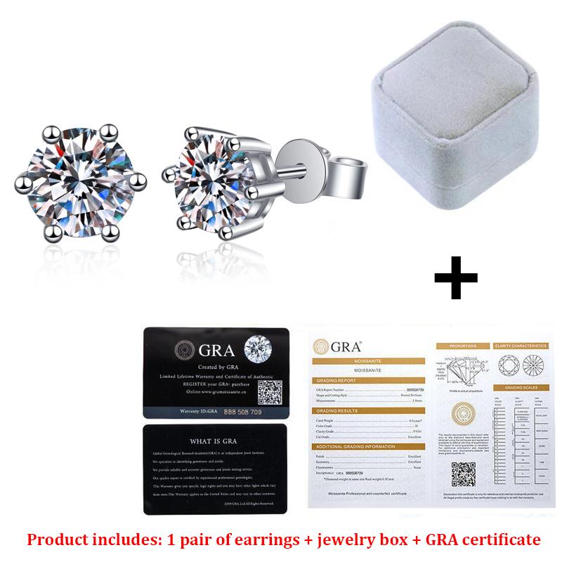 Pravé náušnice s moissanitovými diamantmi, farba D, 1 ct, striebro 925, šesť hrotov, svadobné jemné šperky pre ženy