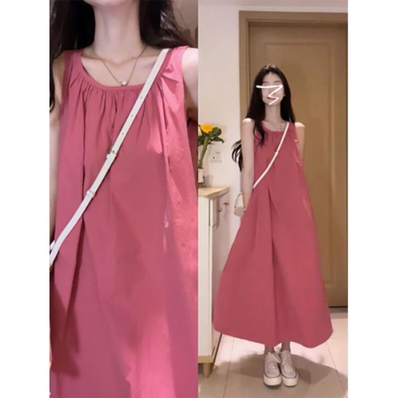 

New summer raspberry powder whitening age reduction pleated shoulder sleeveless dress women s clothing S