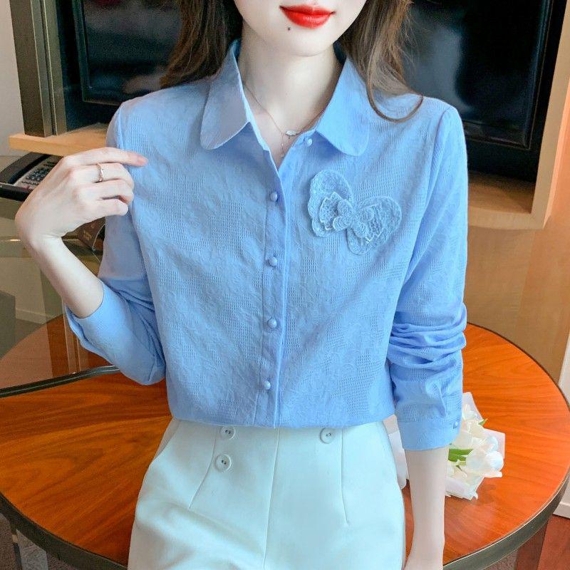 Herbst 2024 Damen Reines Baumwoll-Jacquard Besticktes Langarmhemd
