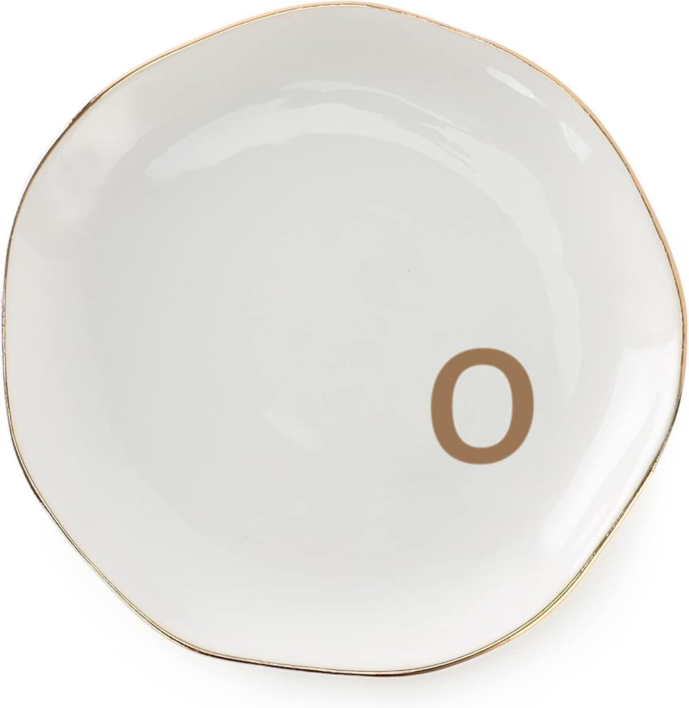 Initials Ring Dish Jewery Tray with Personalized A-Z Monogrammed Gifts Wedding Engagement for Women Friends sister,Ceramic White