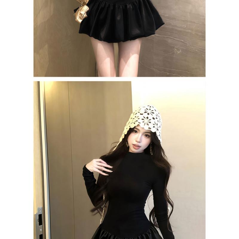 Women Sweet Cool Slim Fitted High Waist Long Sleeve Puffy Short Dress