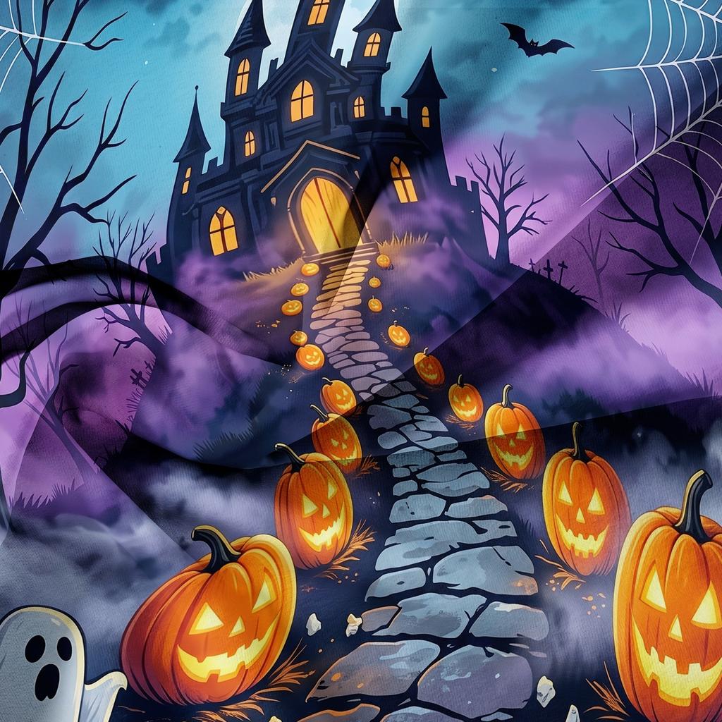 3 Pieces Halloween Spooky Castle Print Duvet Cover Set, Purple Night Ghost Pumpkin Skull Haunted House Printed Bedding