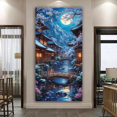 Peinture diamant grand format « Maison de montagne enneigée au clair de lune » - Nouvelle collection - Paysage d'hiver - Kit de broderie diamant complet à faire soi-même - Mosaïque - Point de croix
