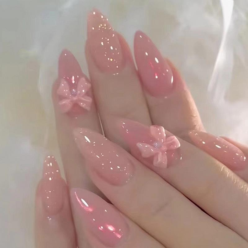 Fairy Pink Bow Nail Patches: Removable, Wearable, Pure Color False Nails In Sweet Manicure Style