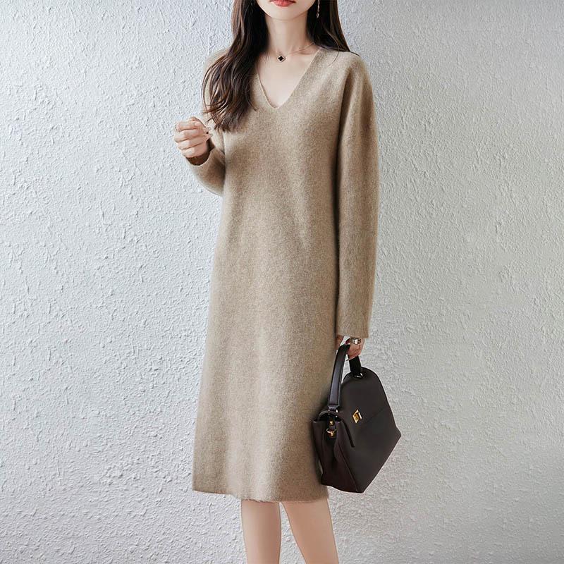 Women's V-Neck Pure Wool Knit Dress, Loose Fit, Mid-Length, Over-the-Knee - Autumn/Winter Collection