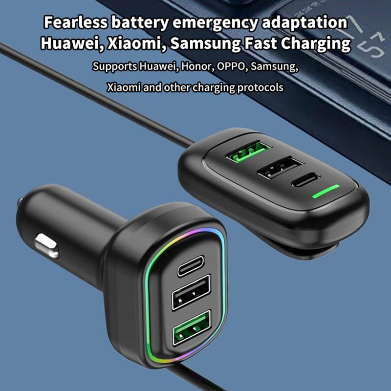 6-Ports Usb Type-C Front And Rear Extension Car Charger With Rgb Light Pd Fast Charging Power Adapter For Iphone Tablet Laptop