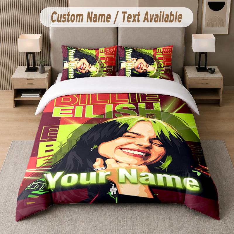 Billie Eilish 3Pcs Bedding Set, Personalized Custom Name Text, 1 Duvet Cover & 2 Pillowcases For Bedroom