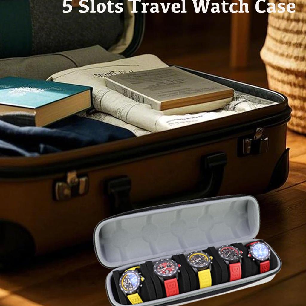 Juntan Watch Case 5 Slot Hard Watch Travel Watch Case, Watch Storage Soft Compressible Foam Pillow Black Men Women Nylon Watch Case Portable Silver