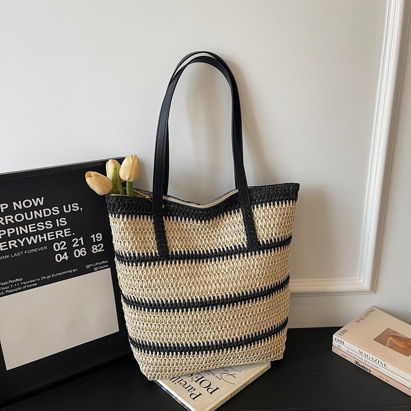 Rainbow Striped Color-blocked Handmade Straw Shoulder Bag Lightweight Breathable Beach Bag Casual Retro Style Large Capacity New