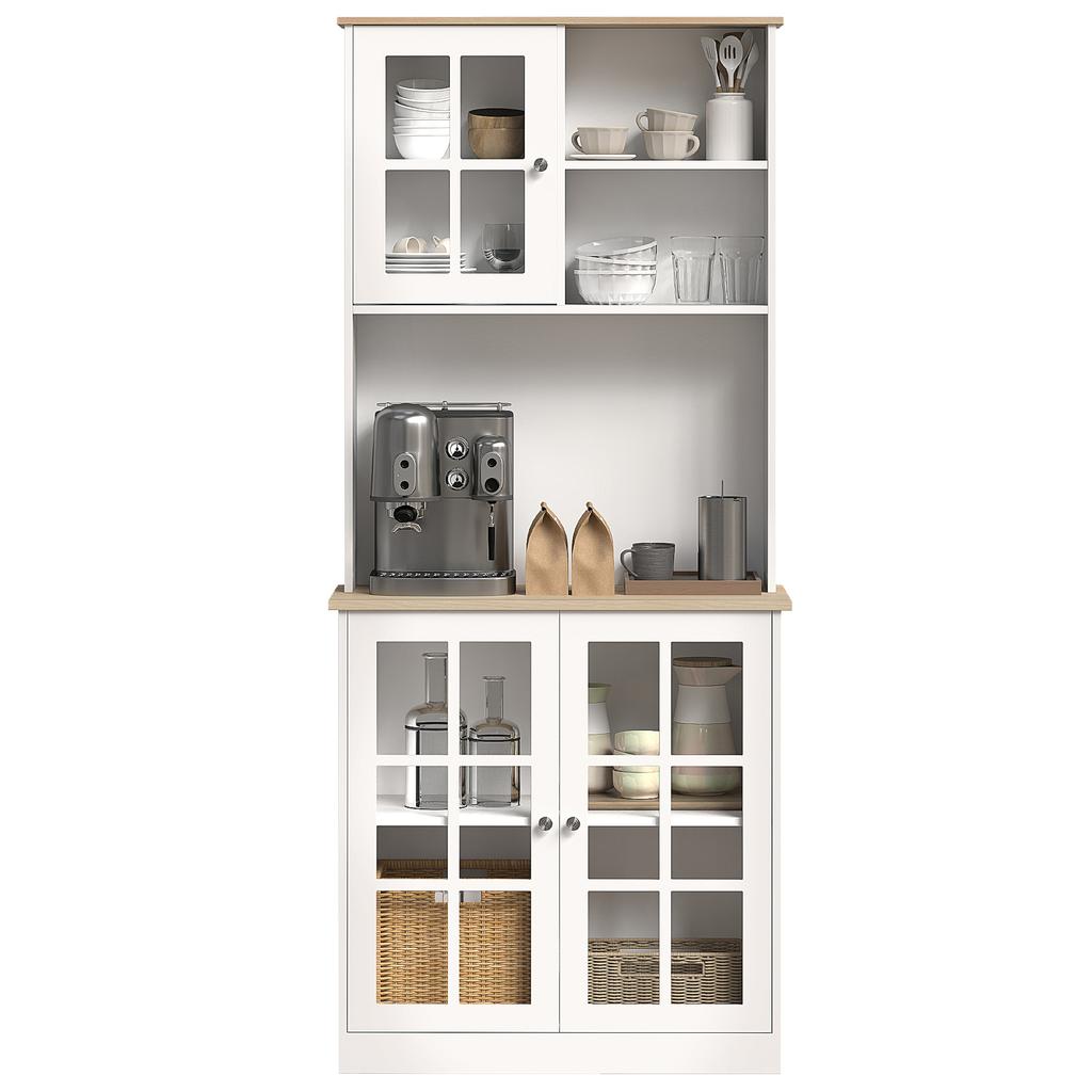 Freestanding Kitchen Cupboard, Storage Cabinet with Doors and Adjustable Shelves, Counter Top, Grid Glass Doors, 80L x 37W x 183H cm - White