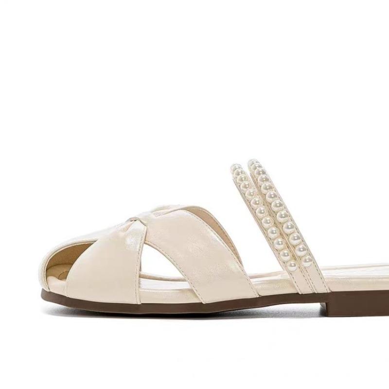 Fashion Pearl Fashion Baotou Slippers Women's Outside Wear 2025 Summer New Flat Soft-sole Temperament Slip-on Slippers