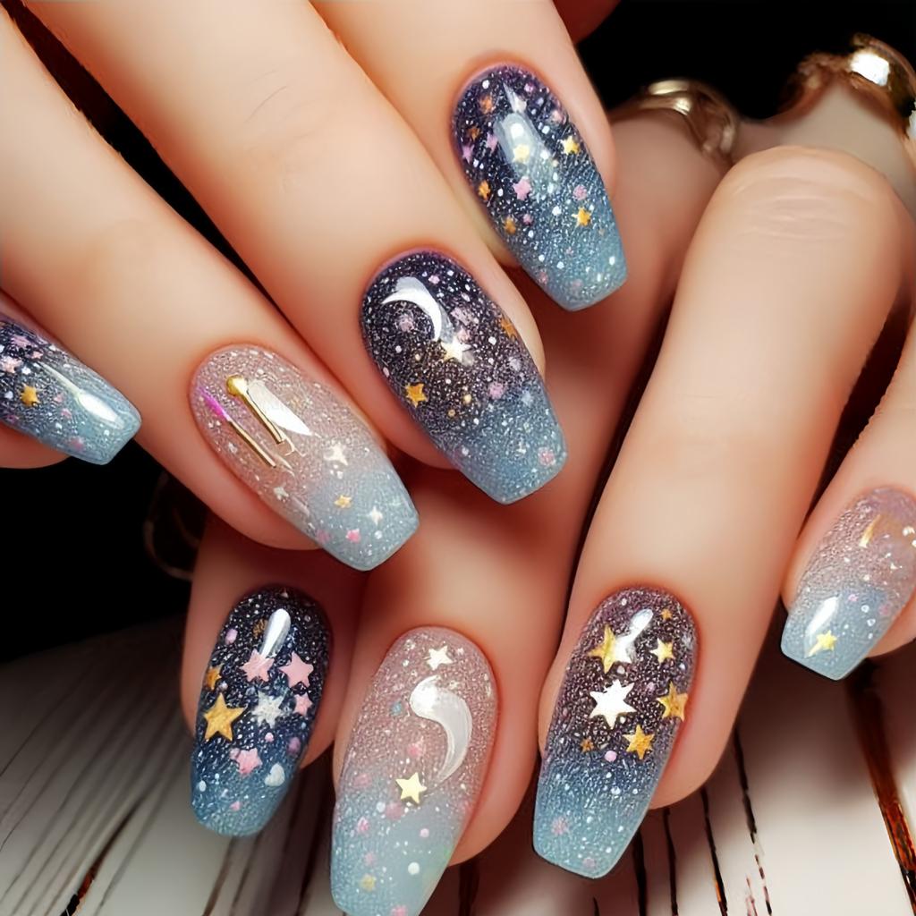 24PCS Shiny Star False Nail American Red Gradient Blue Stripes Design Medium Square Stick on Nail Acrylic Wearable Fake Nail Tip
