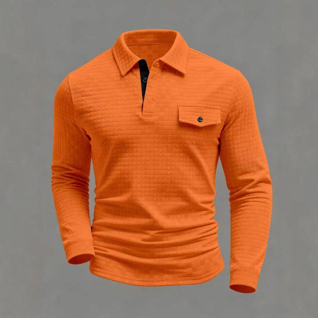 Spring Men's Long Sleeve Plaid Polo Shirt Button Pocket Sports Polo Shirt