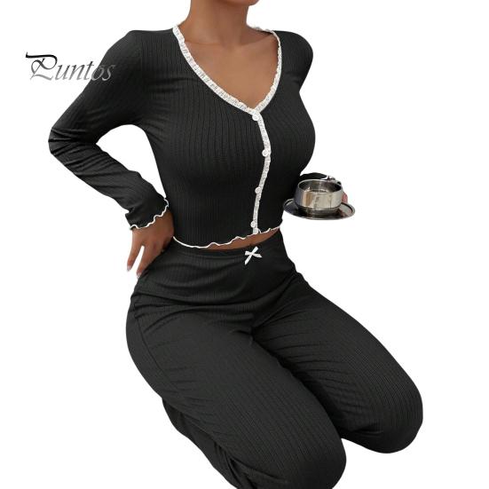 2 Adet/Takım Bahar Kadın Üst Pantolon Takım Uzun Kollu V Yaka Dantel Büzgülü Kenar Kırpılmış Üst Elastik Bel Pantolon Kıyafet Ev Giyim Pijama Takımı