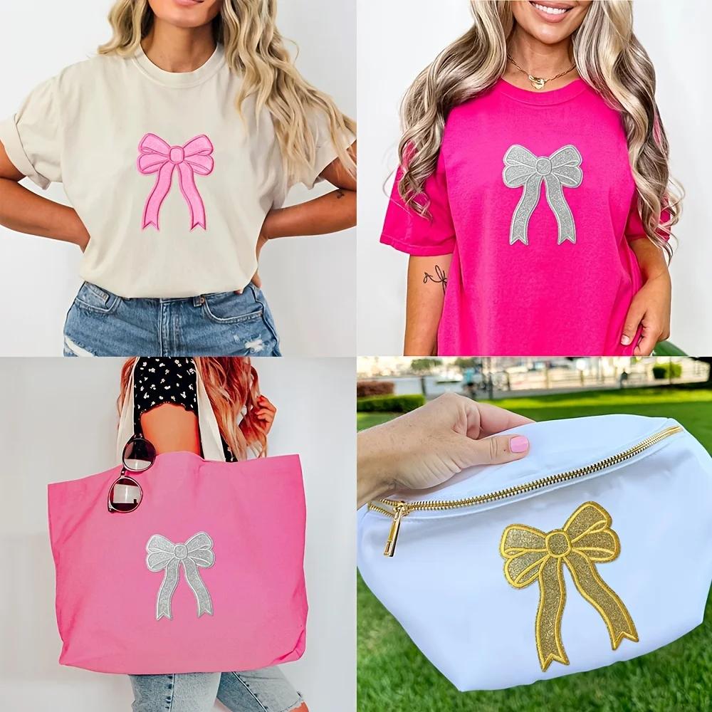 8pcs Colorful Bowknot Iron-On Patches,Green Geometric Knit Fabric Appliques, All-Season Polyester Clothing Decoration for Skirts.