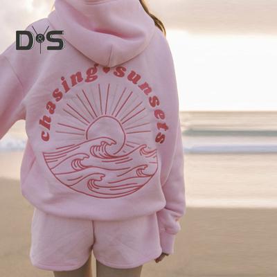 Kapuzenpullover für Damen, Herbst/Winter, lange Ärmel, dick, einfarbig, elastische Bündchen, Chasing Sunset-Muster, schräge Schultern, lockere Kapuze, aufgesetzte Tasche