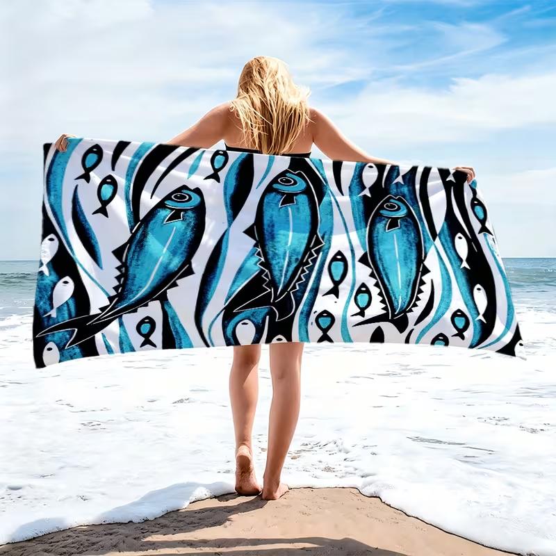 Abstract Blue School of Fish Beach Towel Modern Ocean Wave Pattern Quick Drying Lightweight Towel Beach Daily Usage