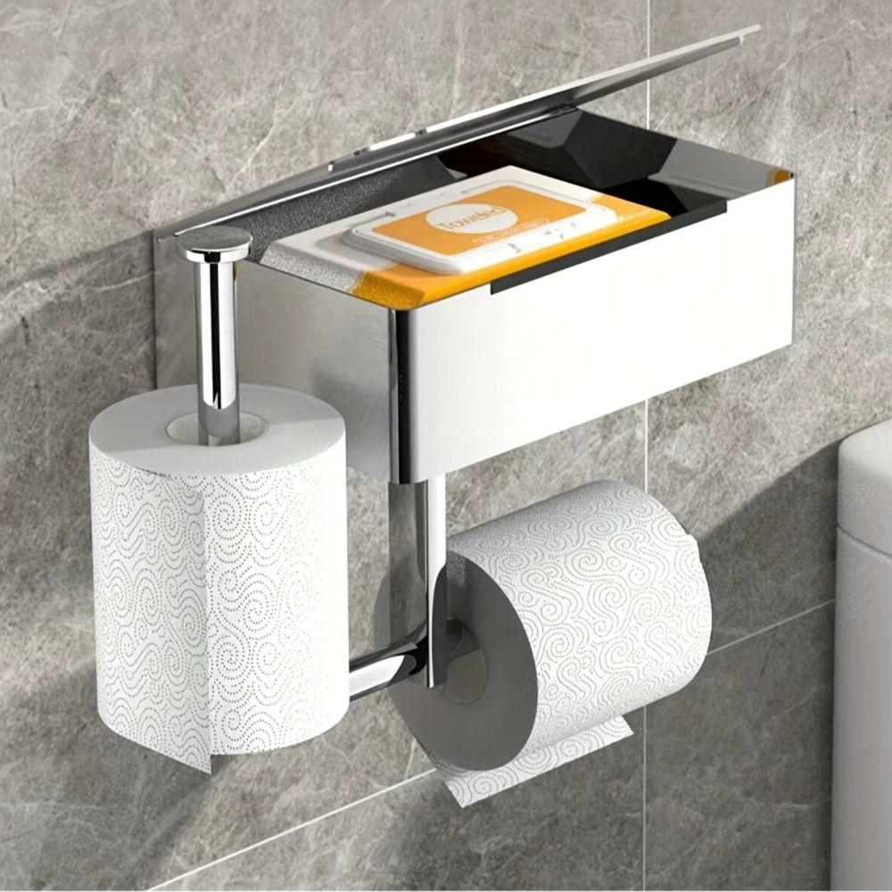 Self-Adhesive Toilet Roll Rack with Shelf Stainless Steel Wall Mounted Wipe Dispenser  Washroom
