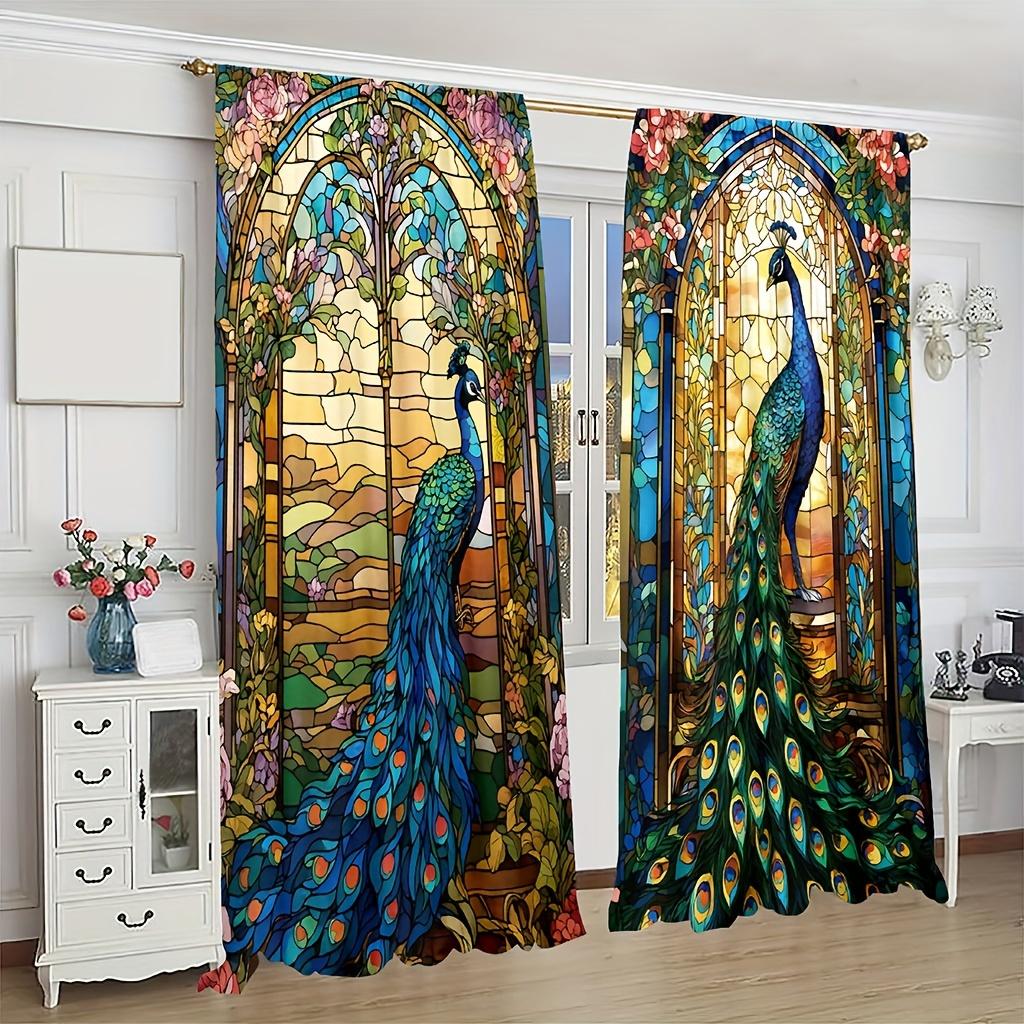 Peacock Floral Print Curtains Pocket Rod Top Fade Resistant Polyester Living Room Kitchen Bedroom Study Dining Made Of Decor