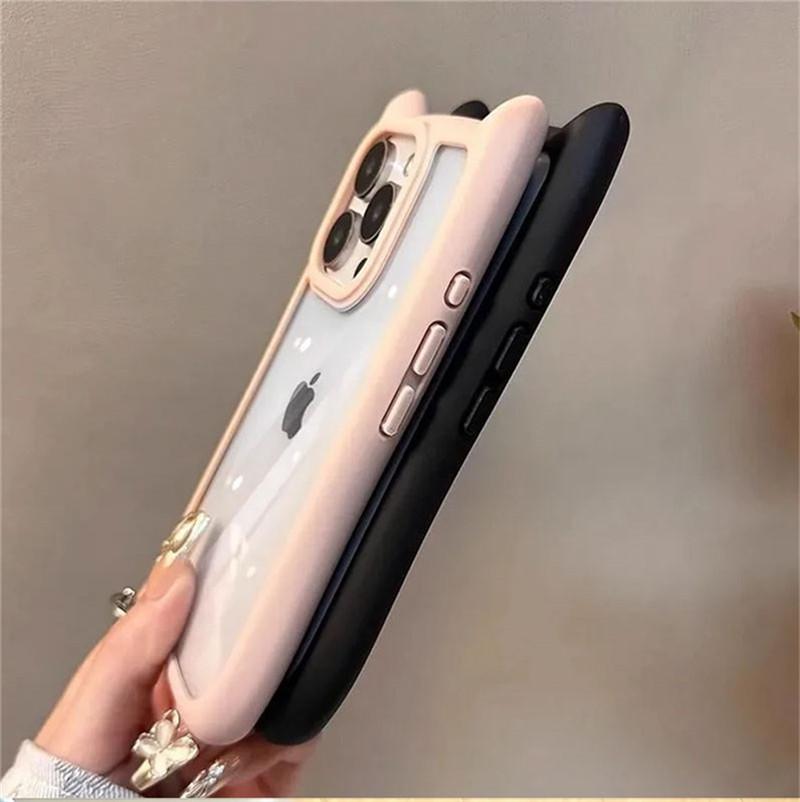 Cute Cat Ears Shockproof Transparent Phone Case For iPhone 11 12 13 14 15 Pro Max Plus Candy Color Soft Silicone Bumper Cover