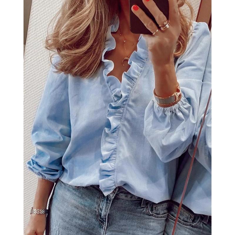 Womens Long Sleeve Blouse With Ruffled Hem Solid Color Office Chic Top 2026