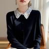 Lace Collar Color Block Patchwork Wool Knit Slim Fit Cardigan for Autumn/Winter