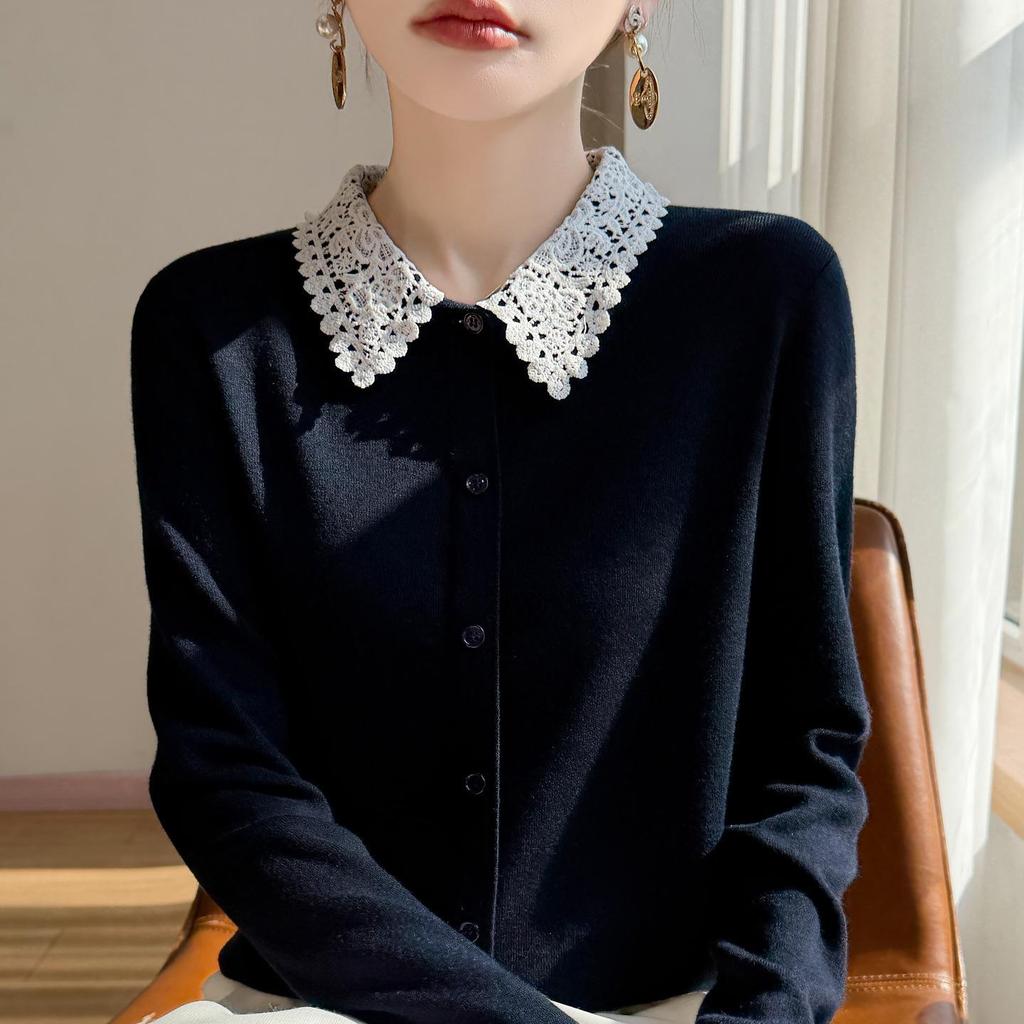 Lace Collar Color Block Patchwork Wool Knit Slim Fit Cardigan for Autumn/Winter
