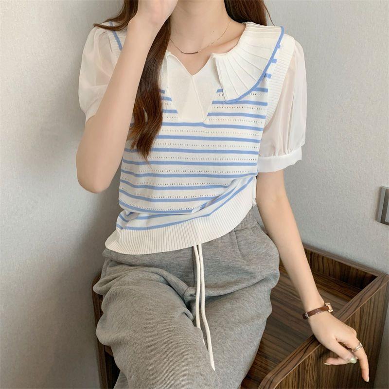 Fake Two Piece Shirt Patchwork V-neck Striped Polo Shirt Knitted T-shirt for Women's Design Sense Short Bubble Short Sleeved Top for Summer