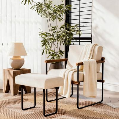 Metal Armchair With Foam Cushion with Footstool Set and Linen-Cotton Blend Backrest For Living Room Home Use Reading Armchair